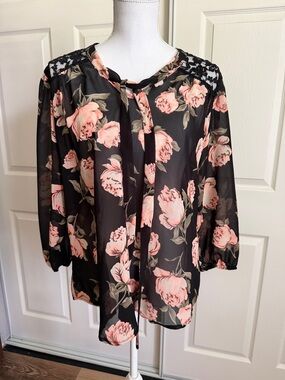 Black Floral Tie-Neck Blouse with Pink Blooms